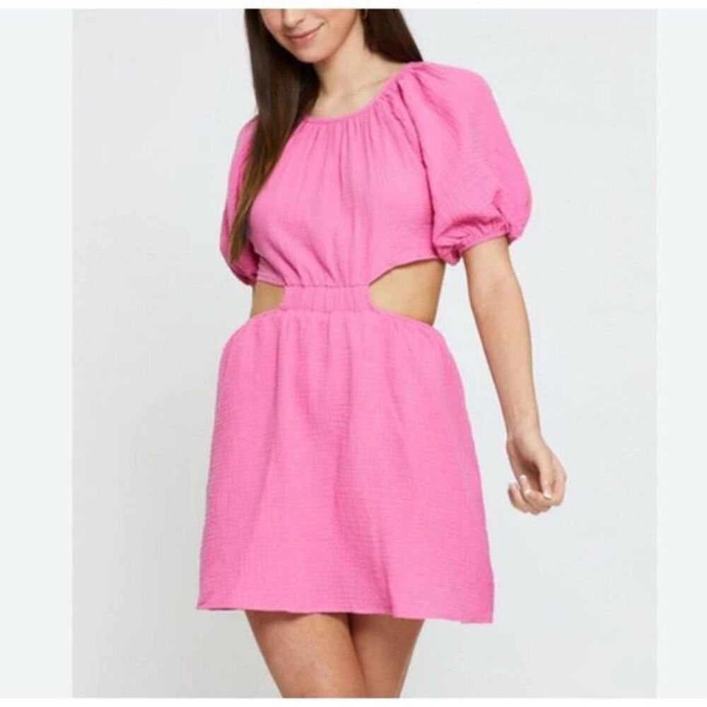 NWT Sundays Dress Gauze Cotton Small Pink Mini Open zip Back Short Puff Sleeve